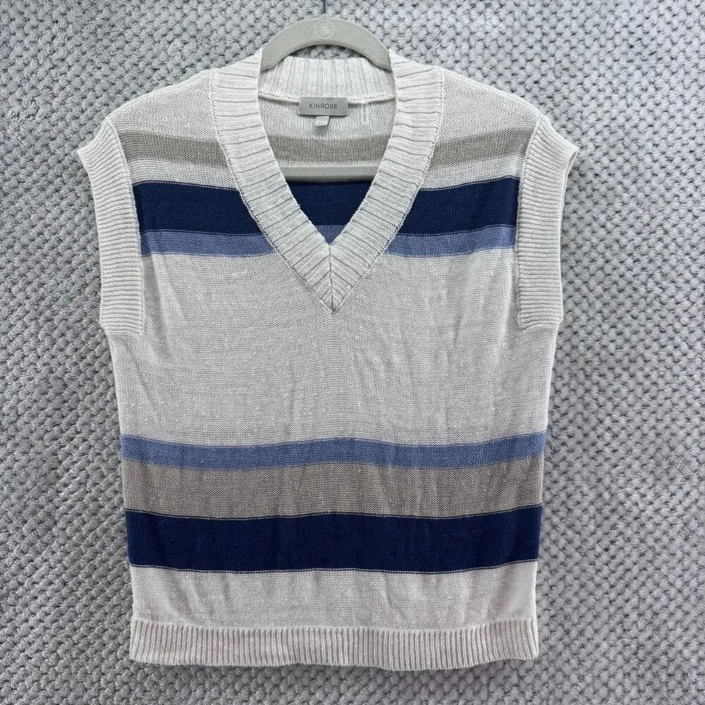 KINROSS Vest Top Womens S White Blue Striped Linen Knit V-Neck Preppy Academia